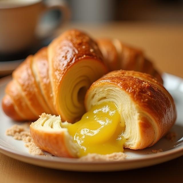 A freshly baked Kaya Croissant sliced to show the filling.