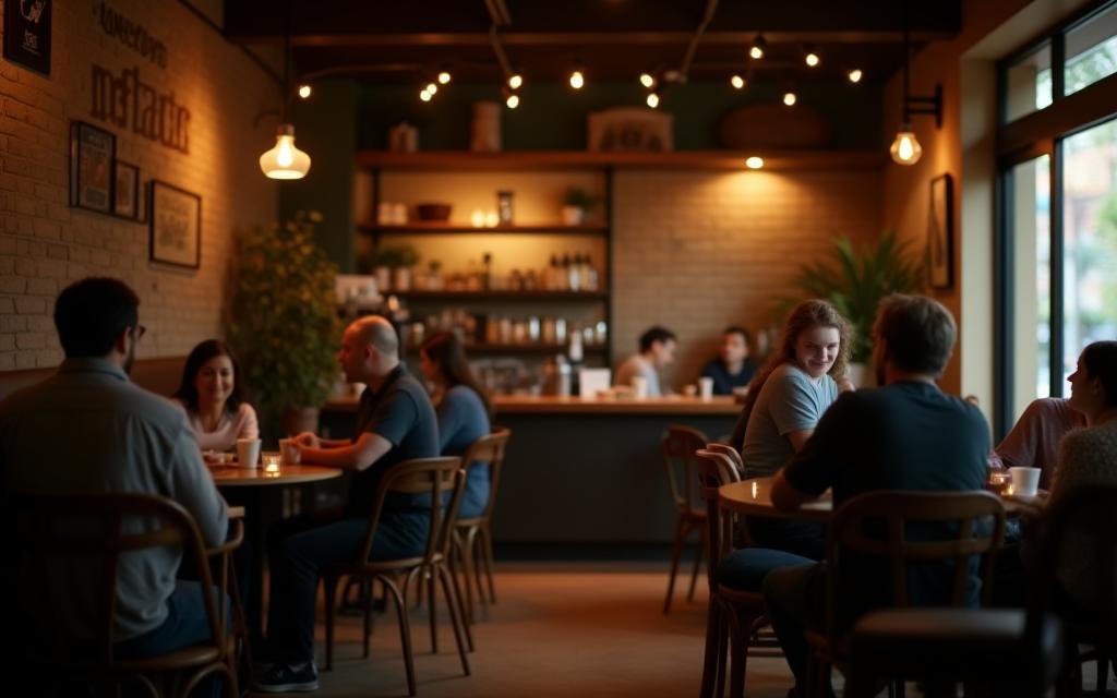 The warm and inviting interior of Monsoon Brew, with customers enjoying their coffee.